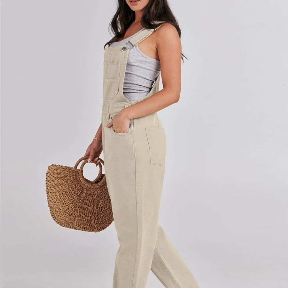 Loose Fit Beige Denim Overalls Jean Jumpsuit Bib Romper Women’s XL - Picture 3 of 14